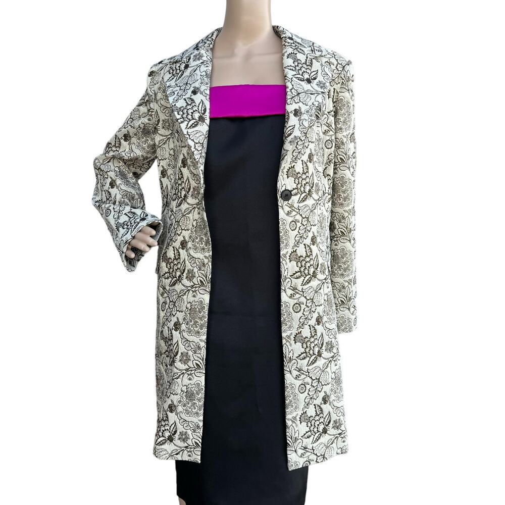 KAOS Italy Cream Brown Metallic Floral Brocade Mid Coat IT 48 US XL / 12 NWOT - Picture 2 of 9
